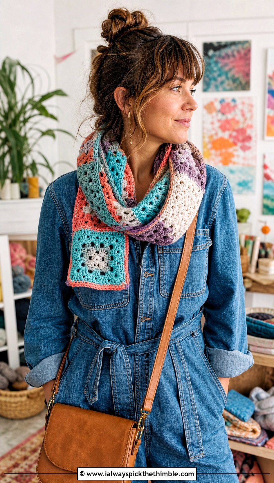 Patchwork Crochet Cap Scarf With Denim Jumpsuit - 20 Crochet Cap Scarf outfit ideas