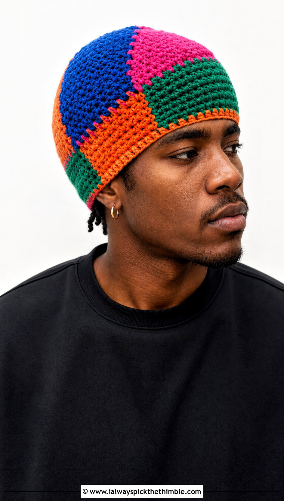 Patchwork Crochet Cap With Minimal Outfit - 25 crochet cap for men outfit ideas