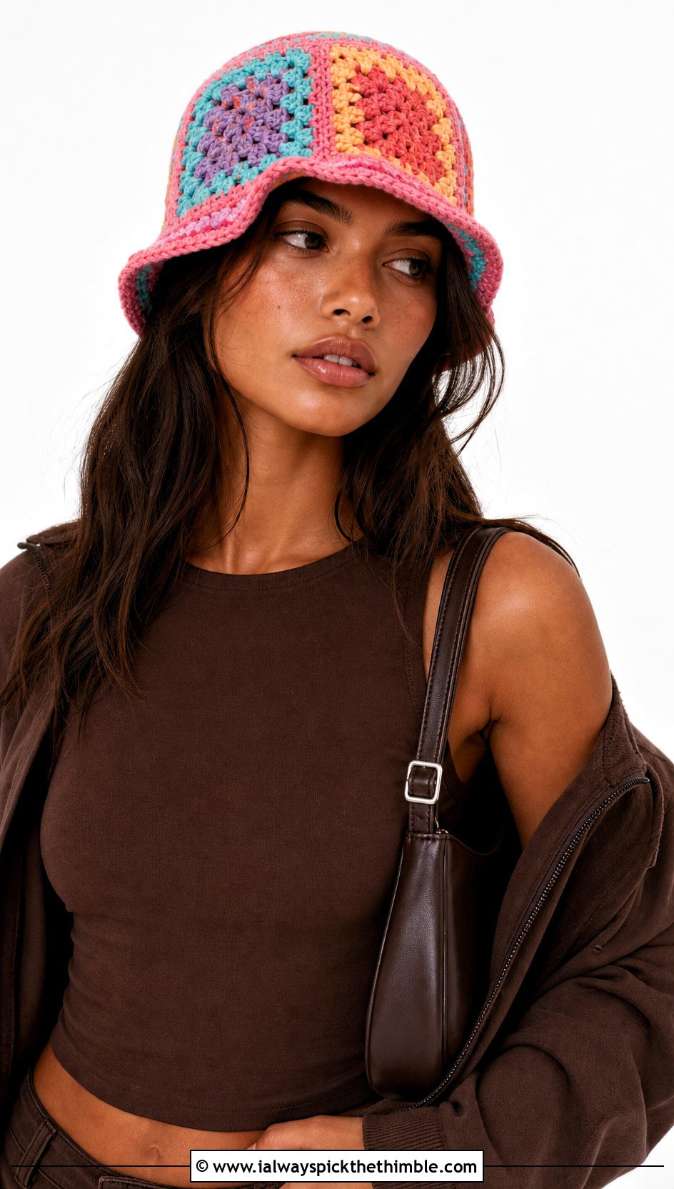 Patchwork Crochet Cap With Monochrome Outfit - 25 crochet cap outfit ideas