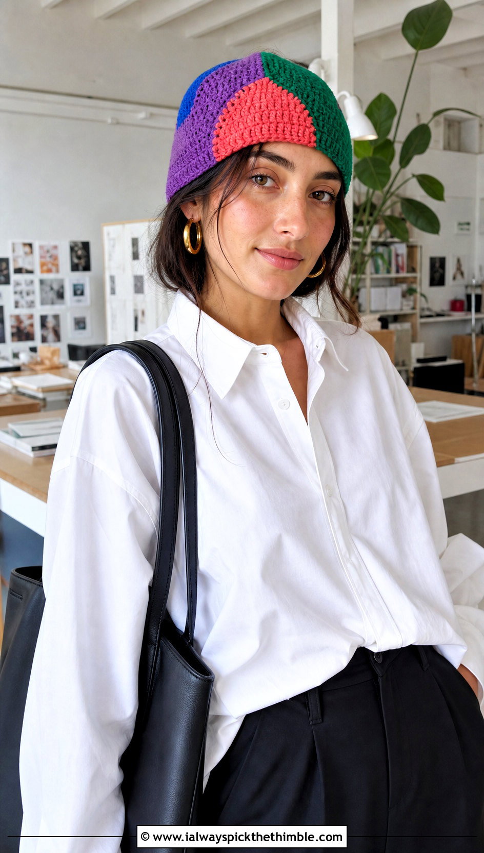 Patchwork Crochet Cap With White Shirt And Trousers - 25 crochet caps outfit ideas