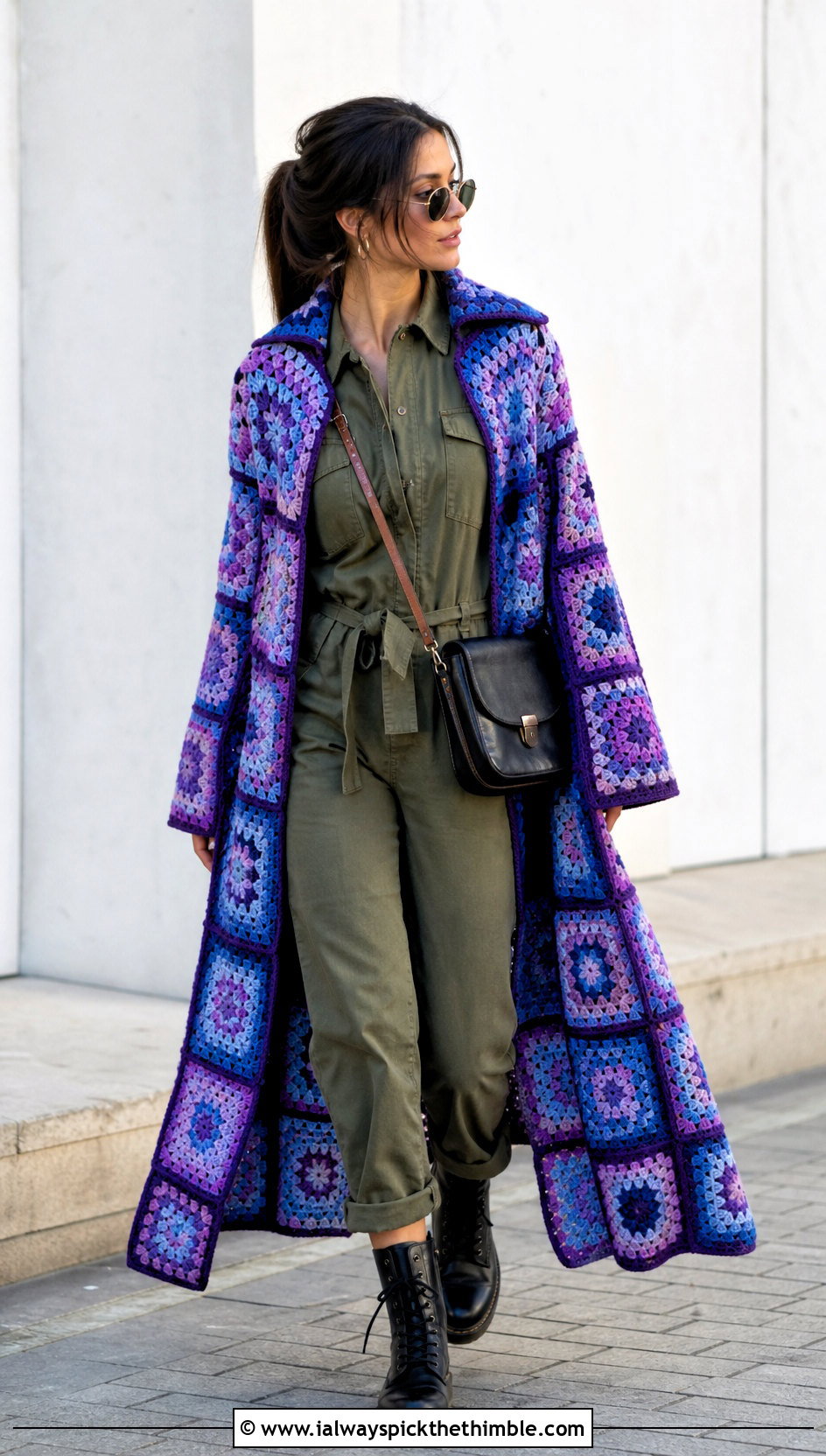 Patchwork Crochet Cape Coat With A Utility Jumpsuit - 15 Crochet Cape Coat outfit ideas