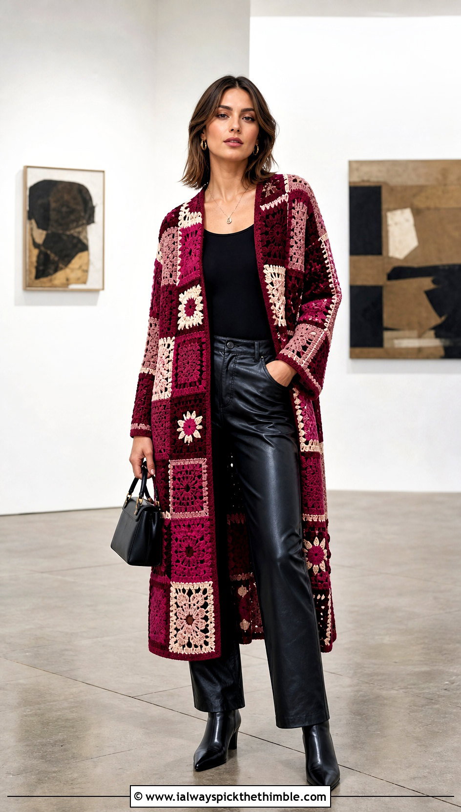 Patchwork Crochet Cardigan Coat With Leather Pants - 20 crochet long cardigan sweater coats outfit ideas