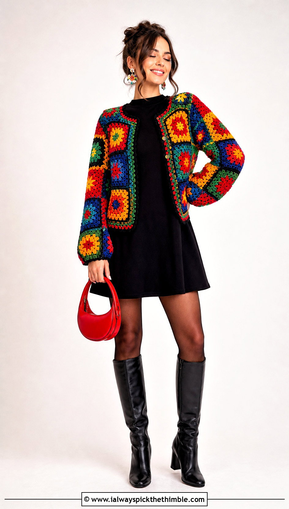 Patchwork Crochet Cardigan Sweater Over A Mini Dress - 15 Crochet For Ladies Sweaters outfit ideas