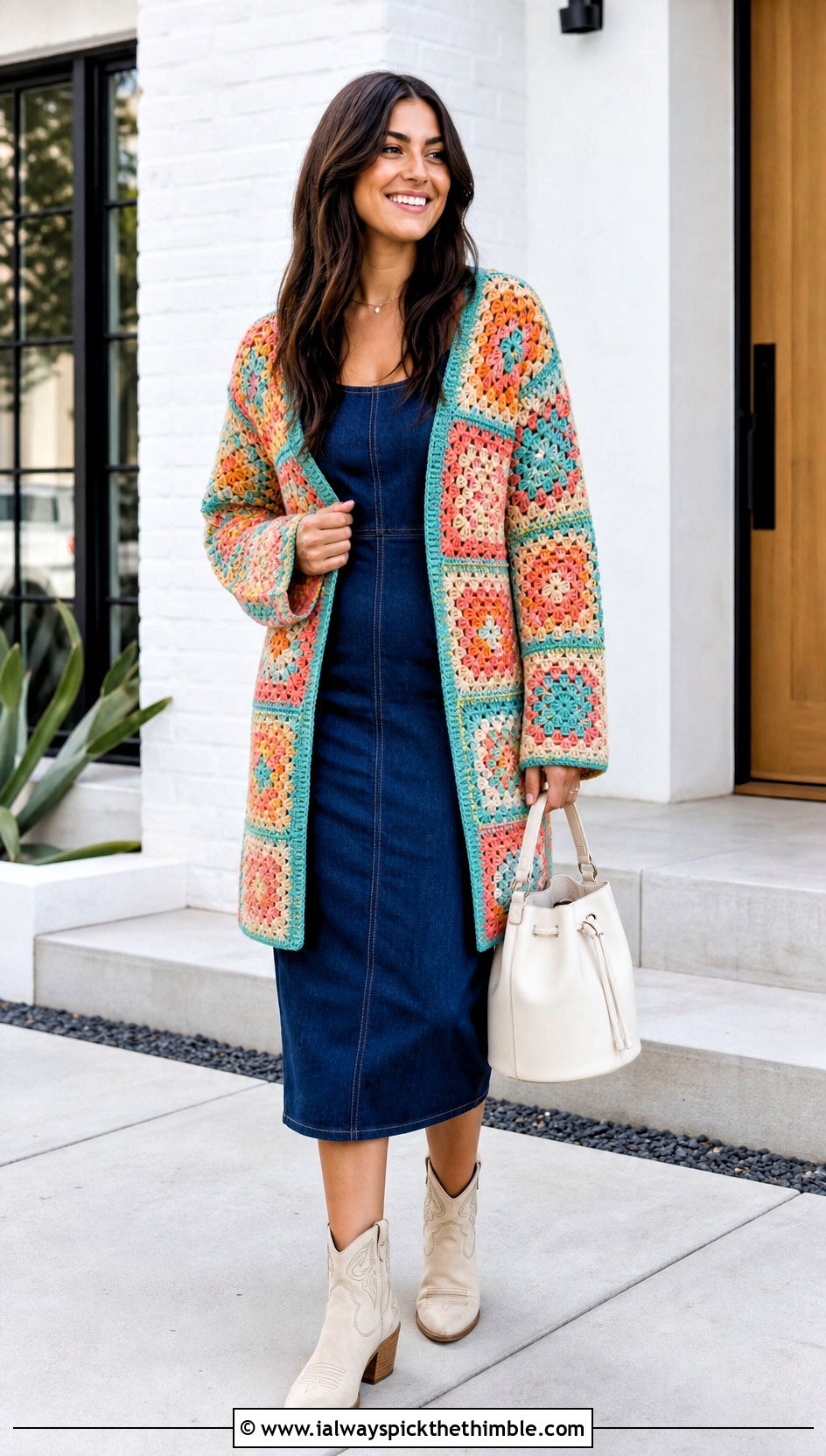 Patchwork Crochet Cardigan Sweater With Denim Dress - 20 Crochet Thanksgiving Sweater outfit ideas