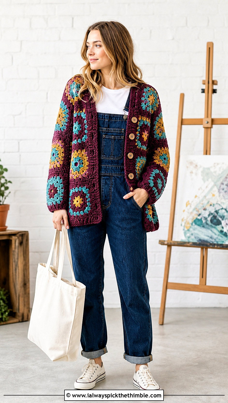 Patchwork Crochet Cardigan Sweater With Denim Overalls - 15 Easy Crochet Cardigan Sweater outfit ideas