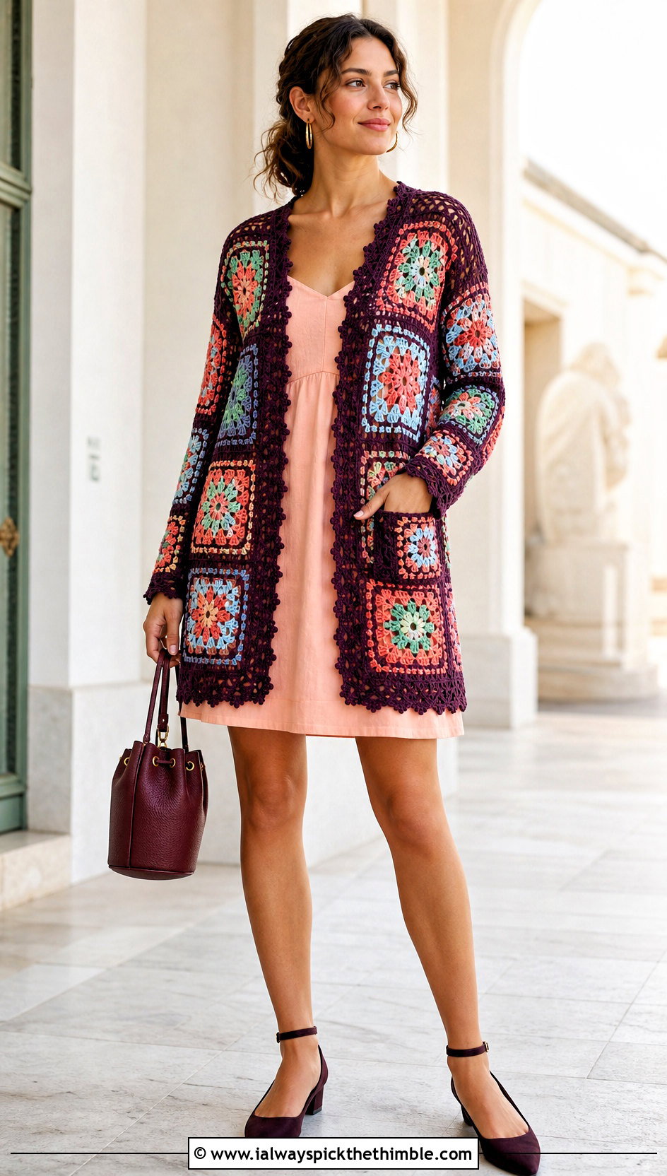 Patchwork Crochet Cardigan Sweater With Mini Dress - 15 Summer Style Crochet Sweater outfit ideas