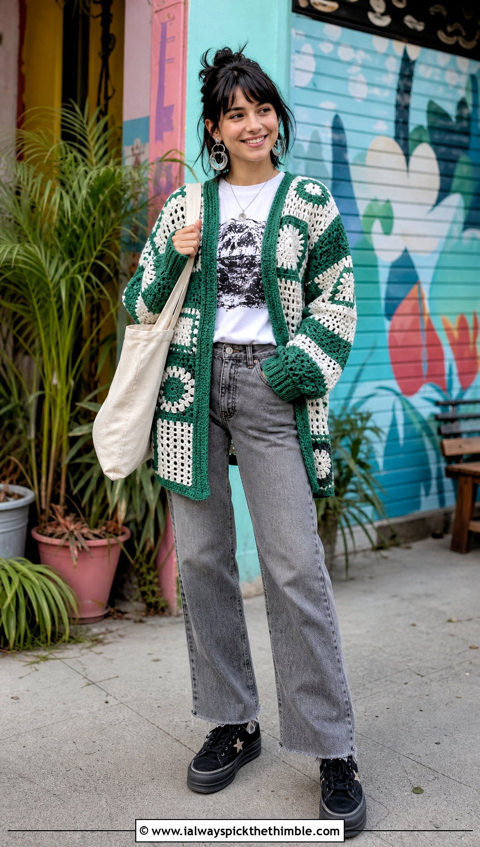 Patchwork Crochet Cardigan With A Graphic T Shirt - 20 green and white crochet cardigan outfit ideas