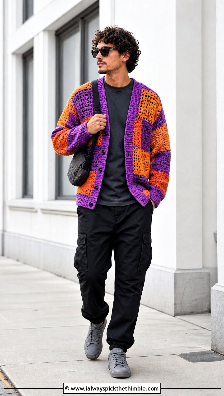 Patchwork Crochet Cardigan With Black Cargo Pants - 25 crochet cardigan men outfit ideas
