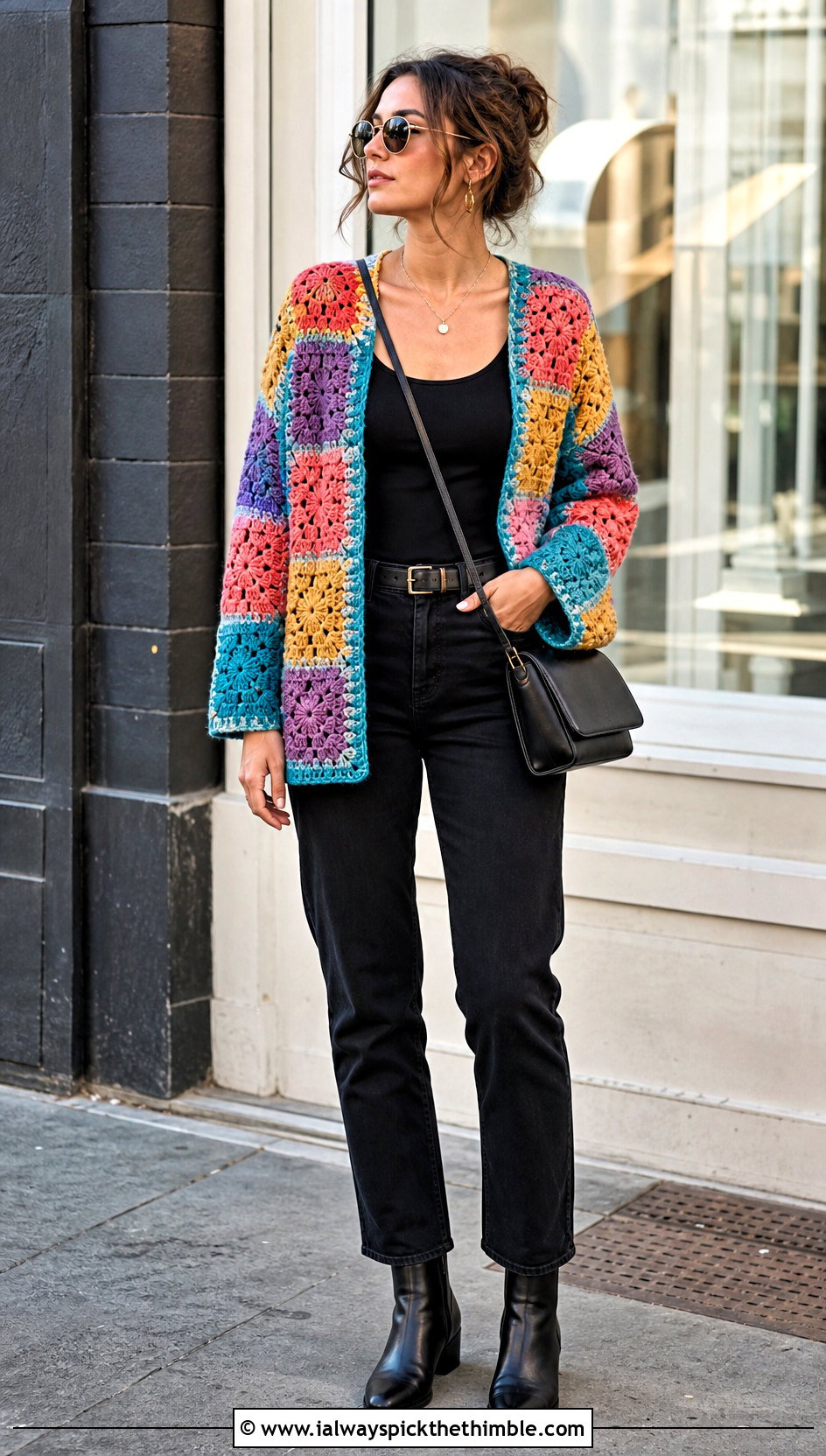 Patchwork Crochet Cardigan With Black Denim Outfit - 25 easy crochet cardigan women outfit ideas