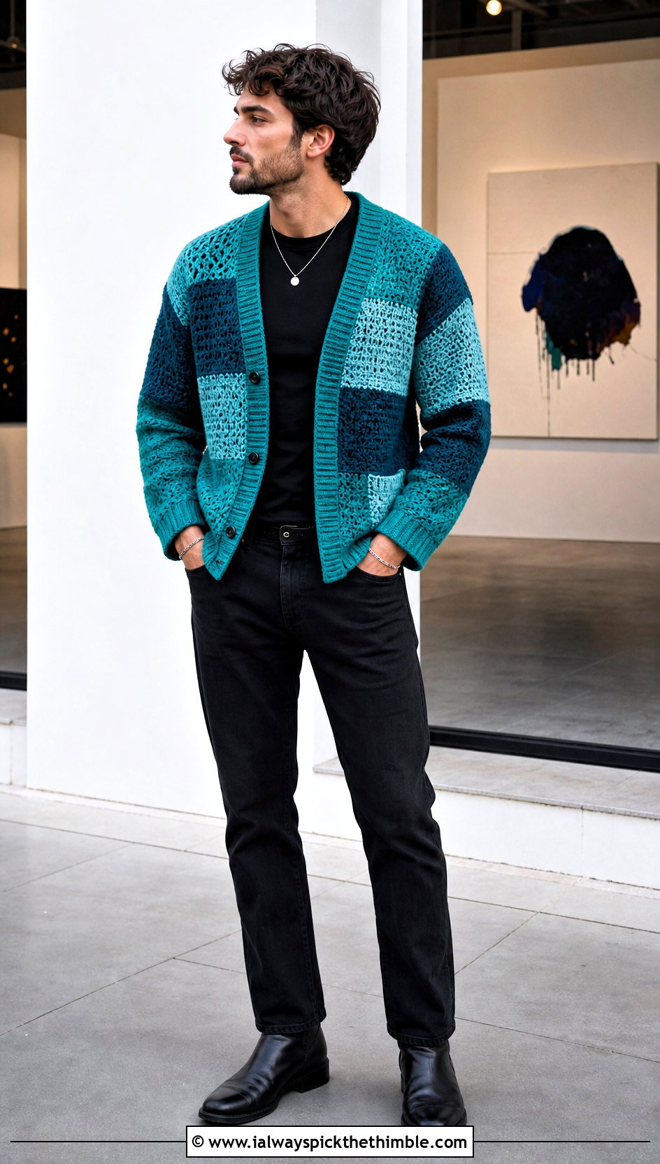 Patchwork Crochet Cardigan With Black Denim - 20 mens crochet cardigan sweater outfit ideas