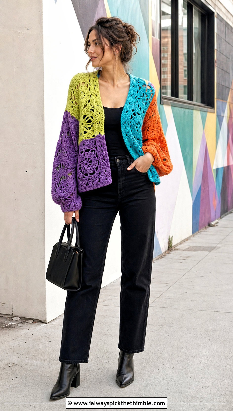 Patchwork Crochet Cardigan With Black Jeans - 20 crochet women's cardigan outfit ideas