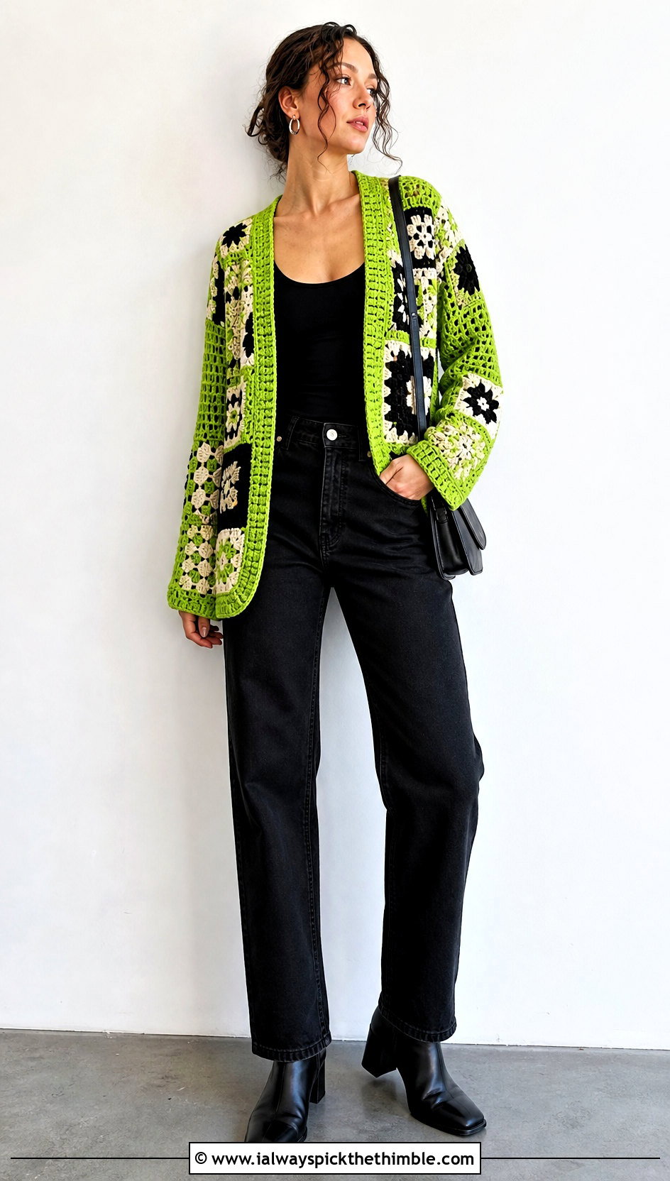 Patchwork Crochet Cardigan With Black Jeans - 25 beginner crochet cardigan outfit ideas