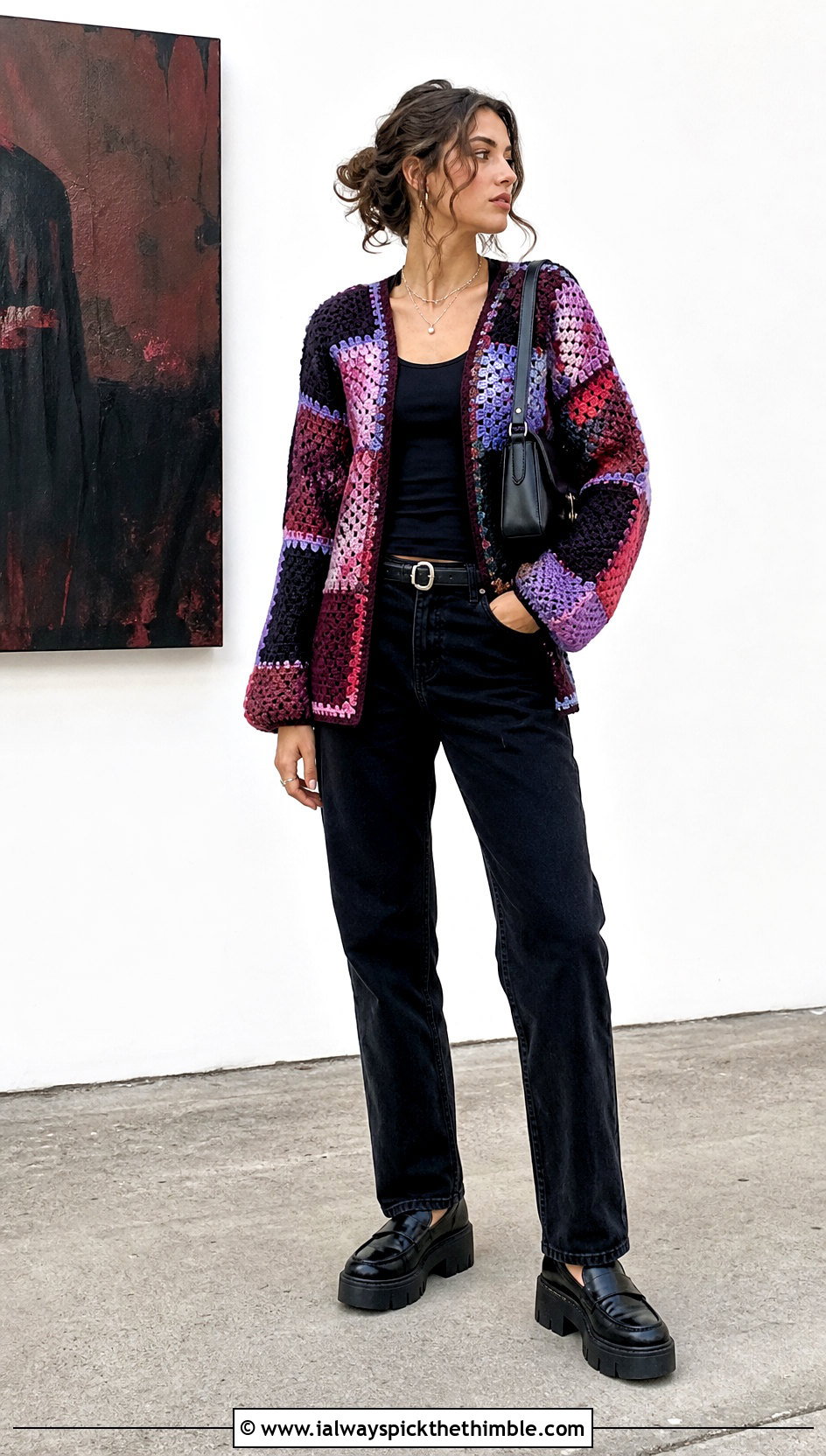 Patchwork Crochet Cardigan With Black Jeans - 25 crochet cardigan outfit ideas