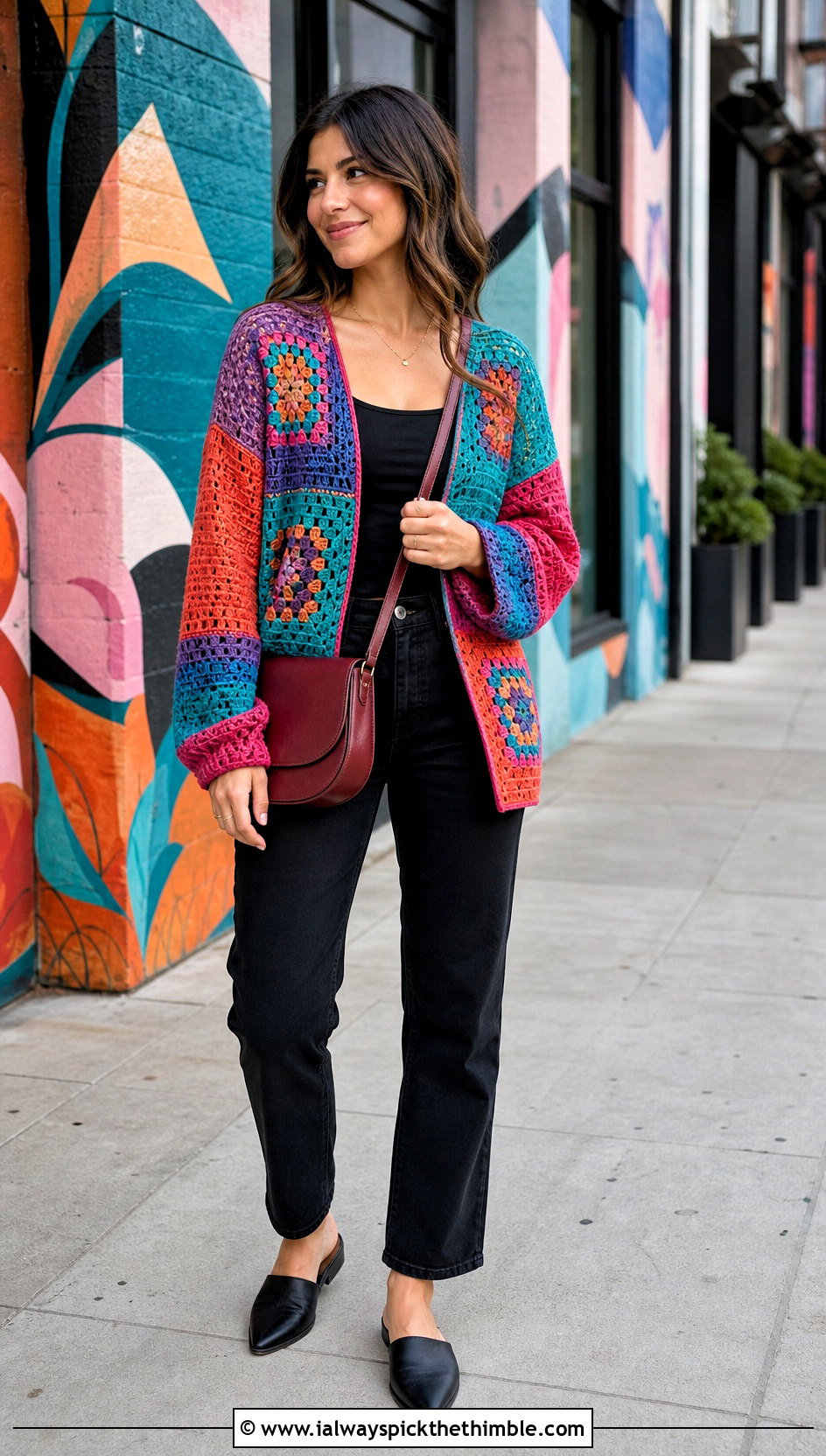 Patchwork Crochet Cardigan With Black Jeans - 20 crochet spring cardigan outfit ideas