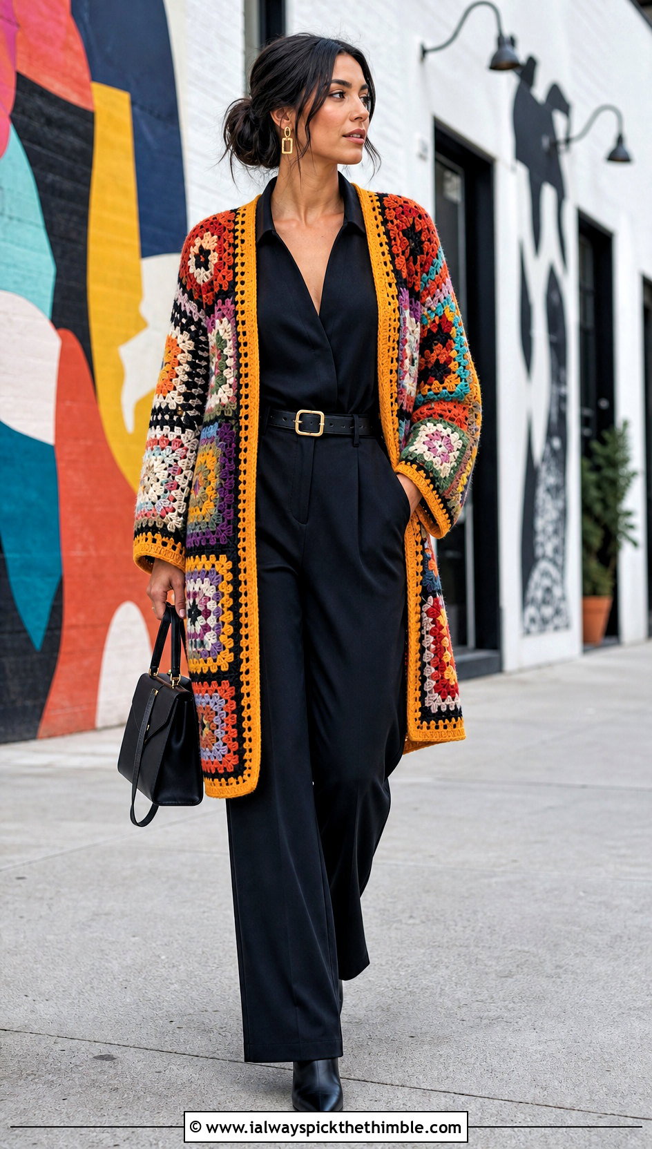 Patchwork Crochet Cardigan With Black Jumpsuit - 20 cute crochet cardigans outfit ideas