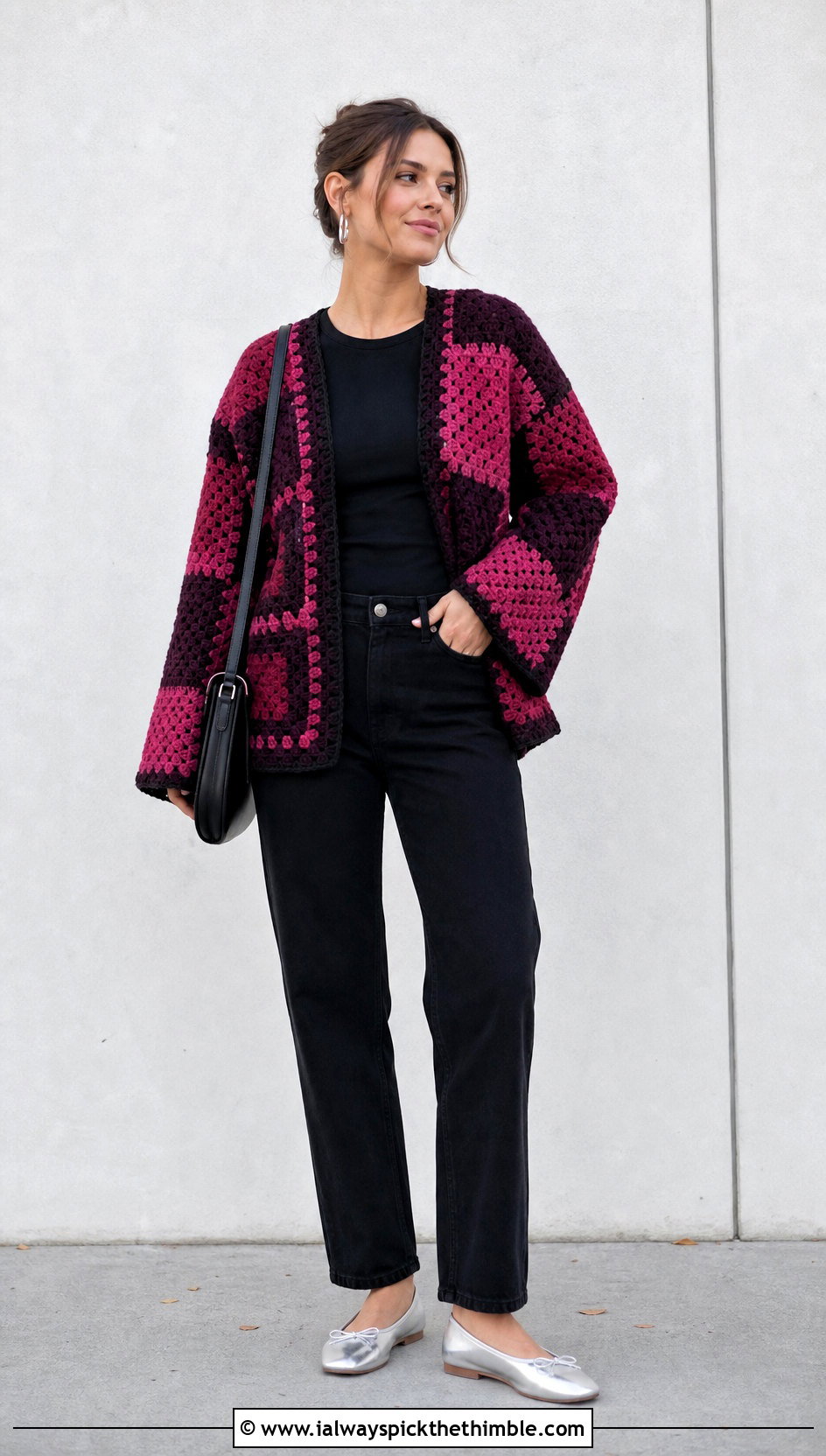 Patchwork Crochet Cardigan With Black Straight Leg Jeans - 20 womens crochet cardigan outfit ideas