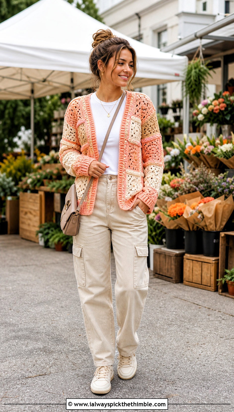 Patchwork Crochet Cardigan With Cargo Pants - 15 Women Crochet Cardigan outfit ideas