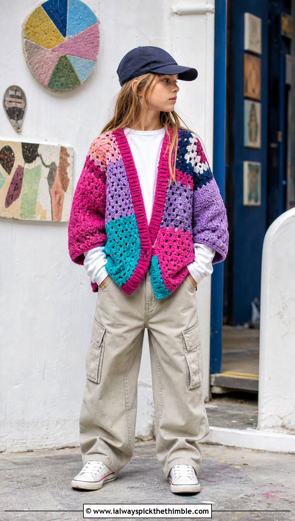 Patchwork Crochet Cardigan With Cargo Pants - 20 Childs Crochet Cardigan outfit ideas