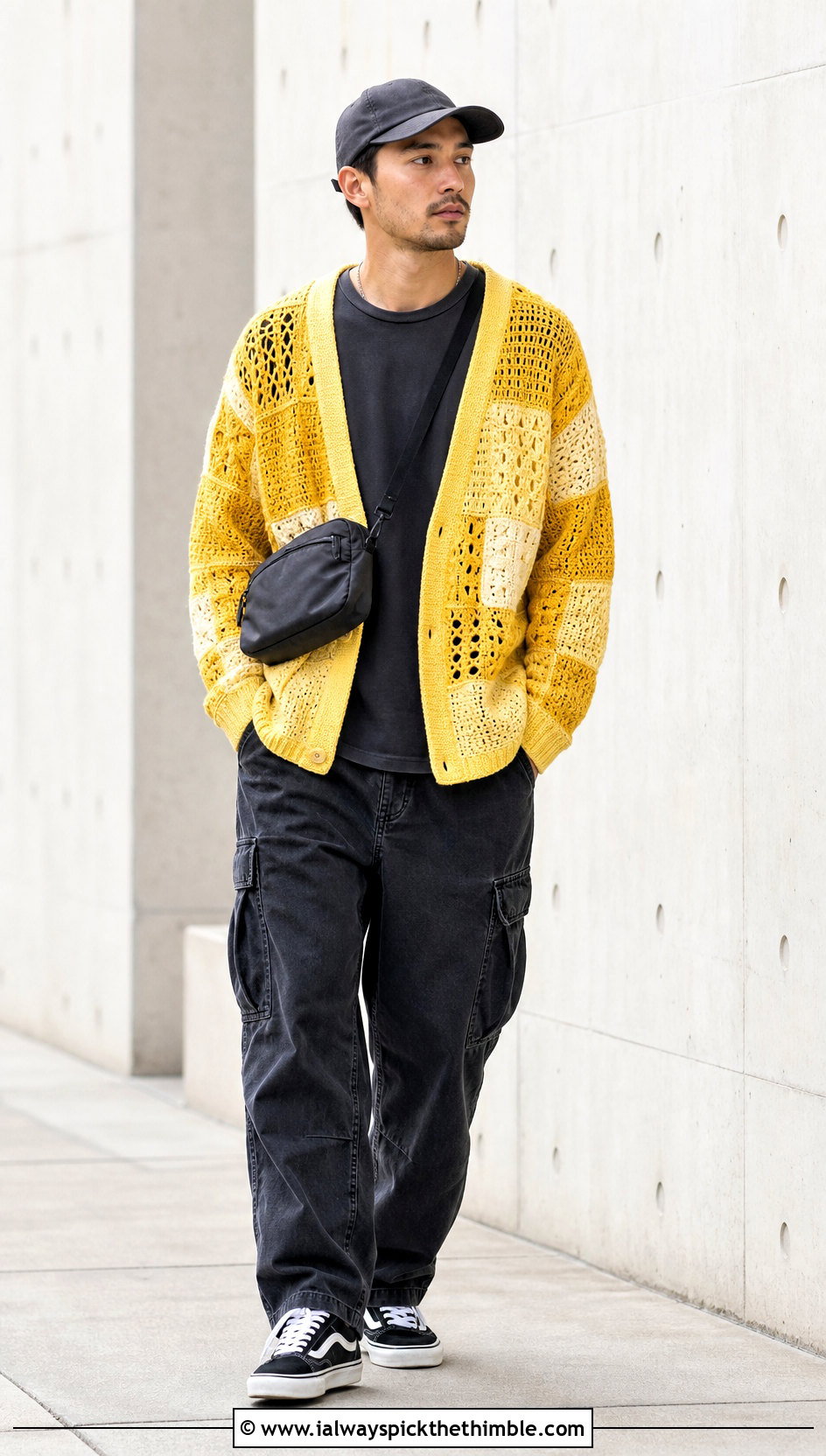 Patchwork Crochet Cardigan With Cargo Pants - 25 mens crochet cardigan outfit ideas