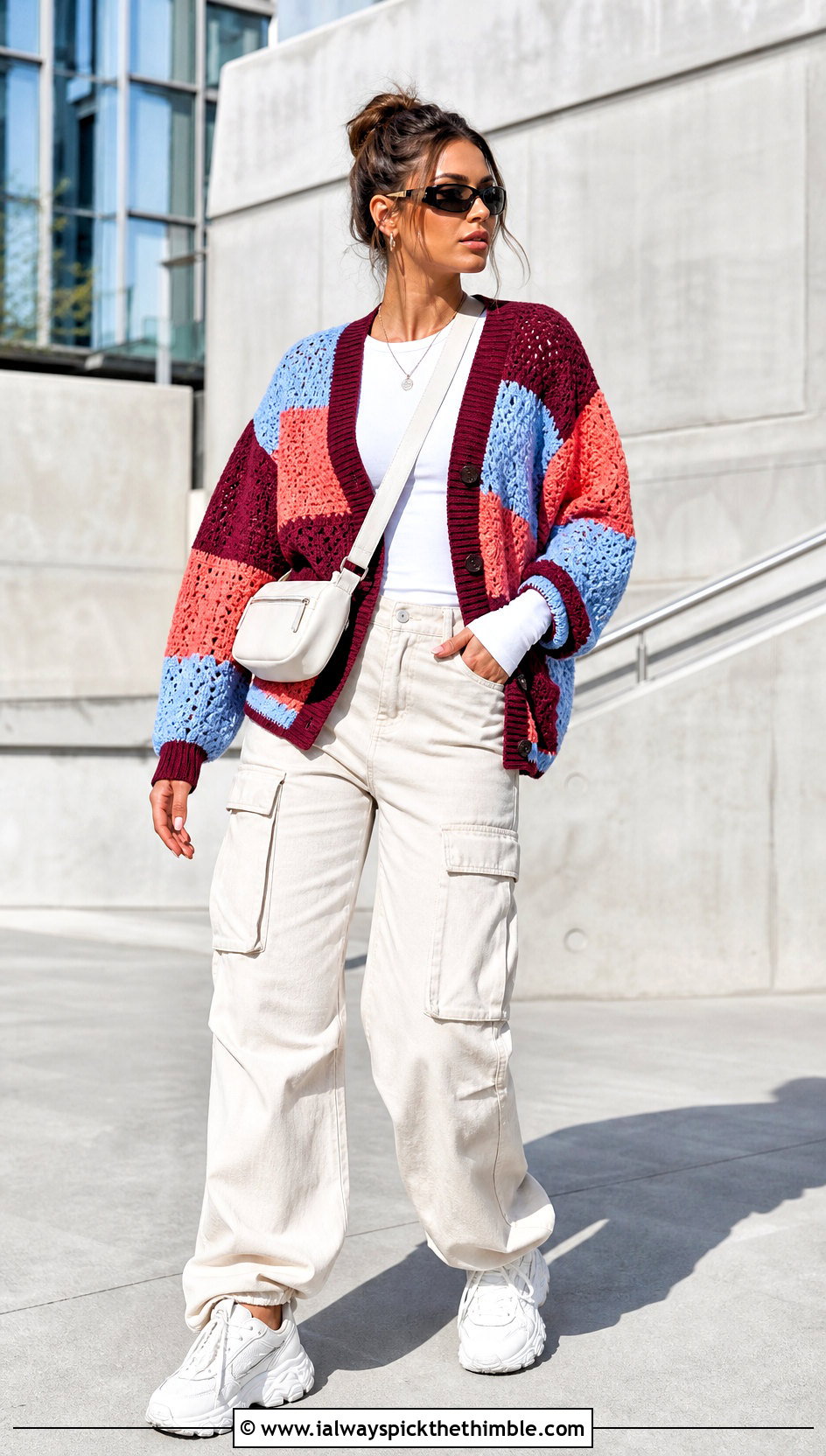 Patchwork Crochet Cardigan With Cargo Pants - 15 Couch Crochet Cardigan outfit ideas