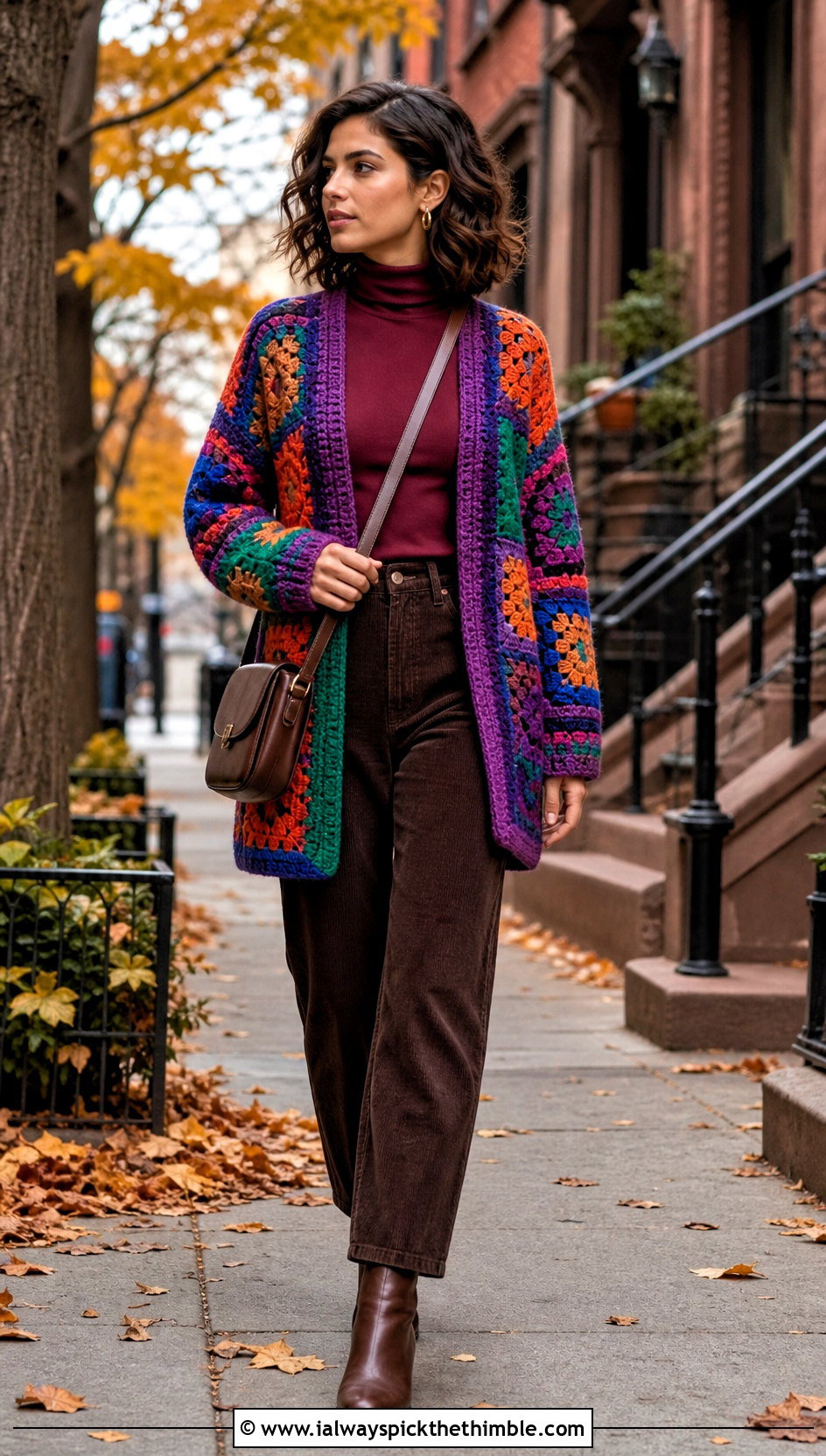 Patchwork Crochet Cardigan With Corduroy Pants - 15 easiest crochet cardigan outfit ideas