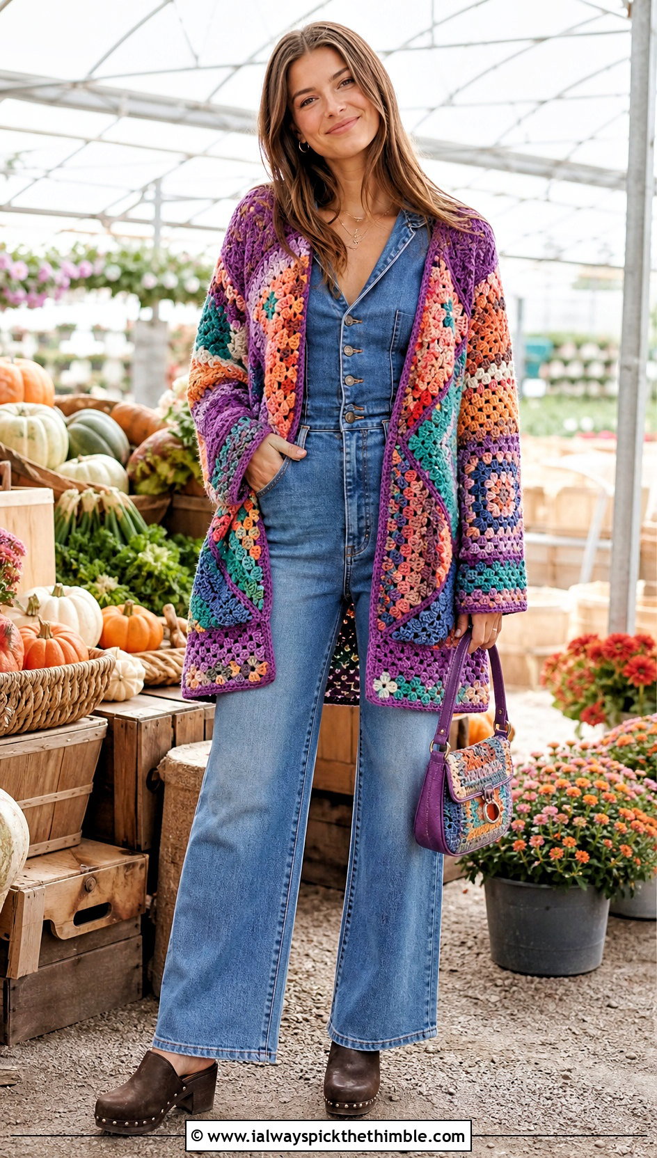 Patchwork Crochet Cardigan With Denim Jumpsuit - 20 Autumn Crochet Cardigan outfit ideas