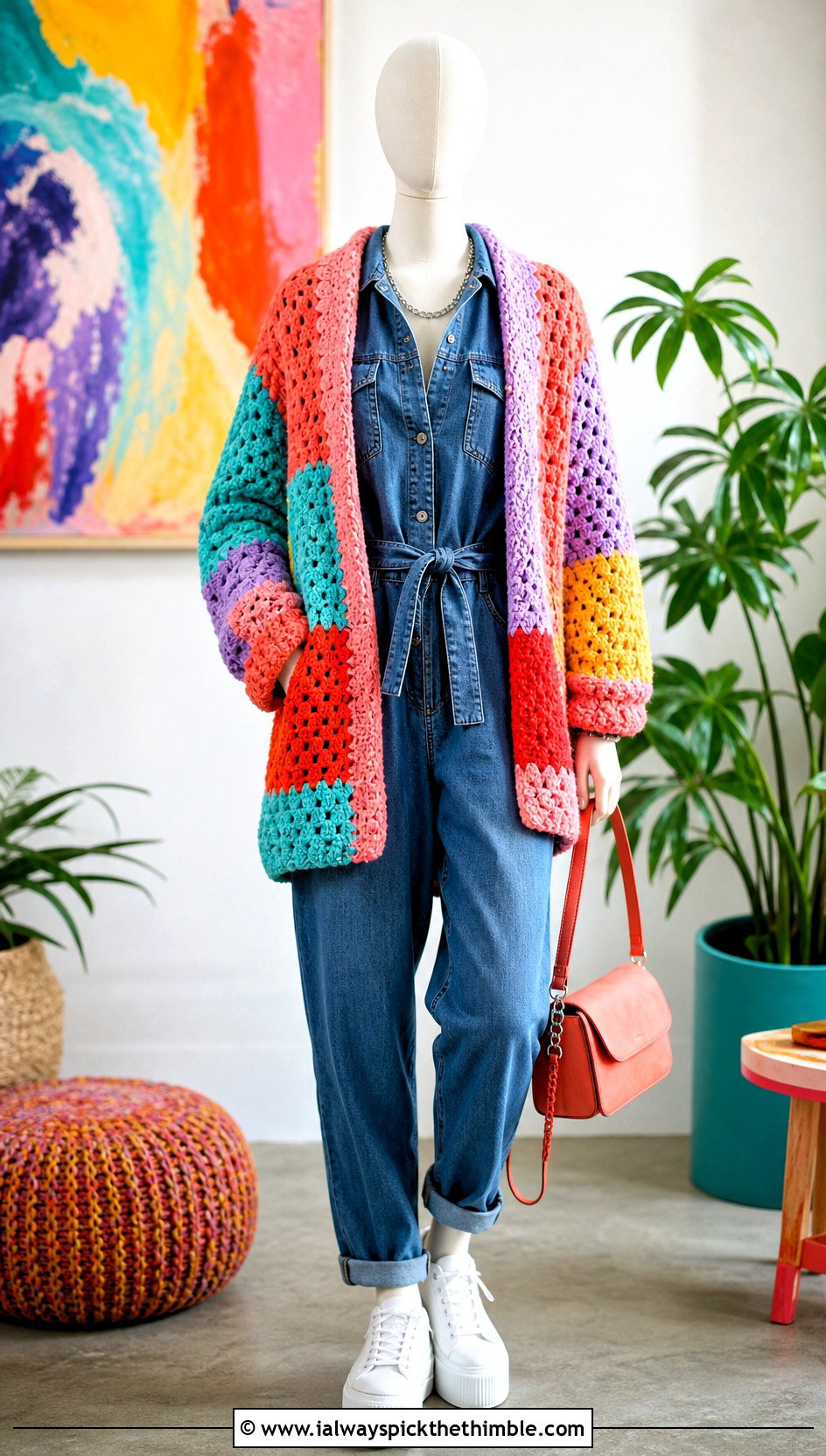 Patchwork Crochet Cardigan With Denim Jumpsuit - 15 Crochet Cardigan On Mannequin outfit ideas