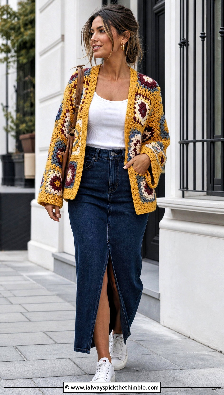 Patchwork Crochet Cardigan With Denim Maxi Skirt - 15 Mid Summer Crochet Cardigan outfit ideas