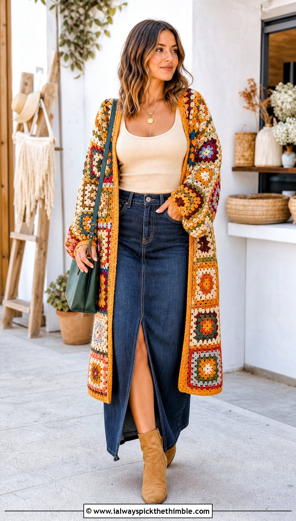 Patchwork Crochet Cardigan With Denim Maxi Skirt - 15 Ultimate Lounge Crochet Cardigan outfit ideas