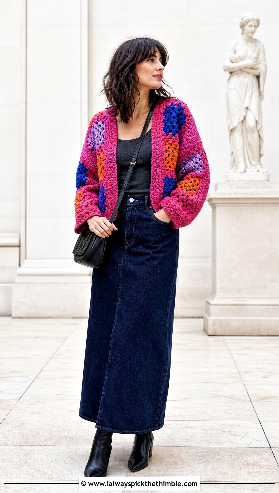Patchwork Crochet Cardigan With Denim Maxi Skirt - 20 thick crochet cardigan outfit ideas