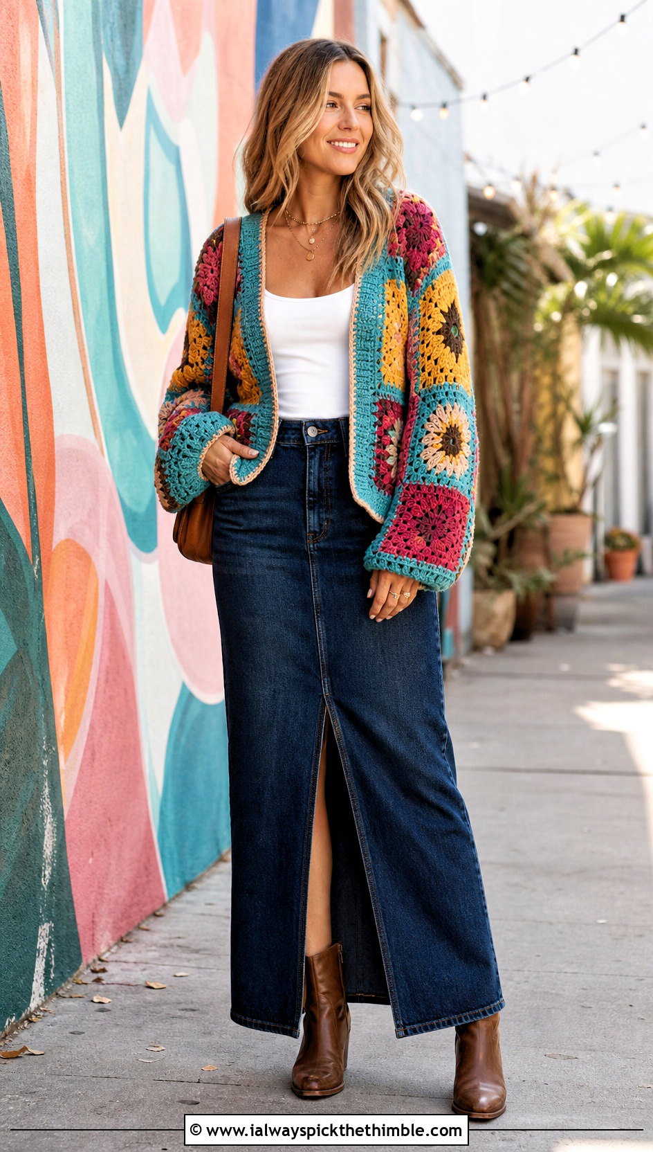 Patchwork Crochet Cardigan With Denim Maxi Skirt - 25 crochet cardigan women outfit ideas