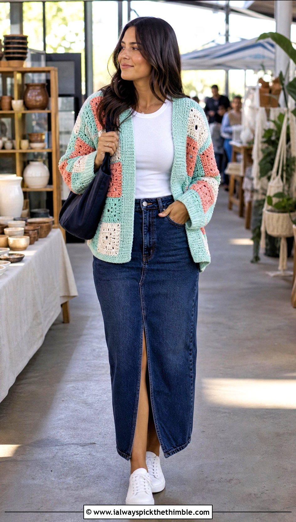 Patchwork Crochet Cardigan With Denim Maxi Skirt - 25 crochet cardigans outfit ideas