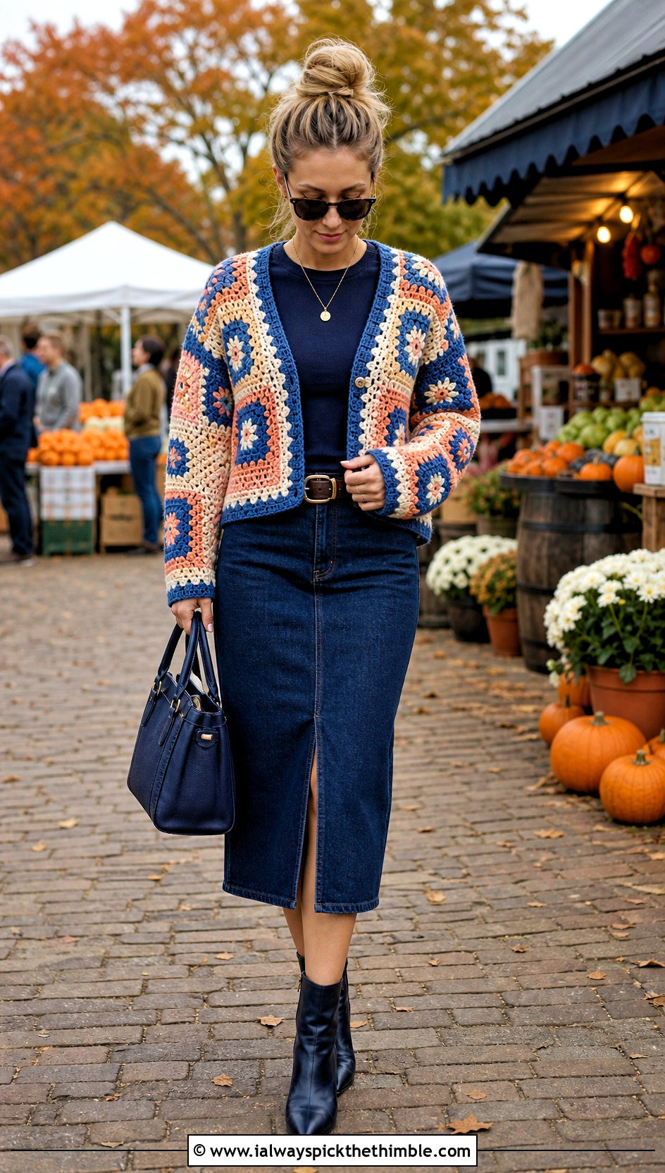 Patchwork Crochet Cardigan With Denim Midi Skirt - 15 Autumn Crochet Cardigan Style outfit ideas