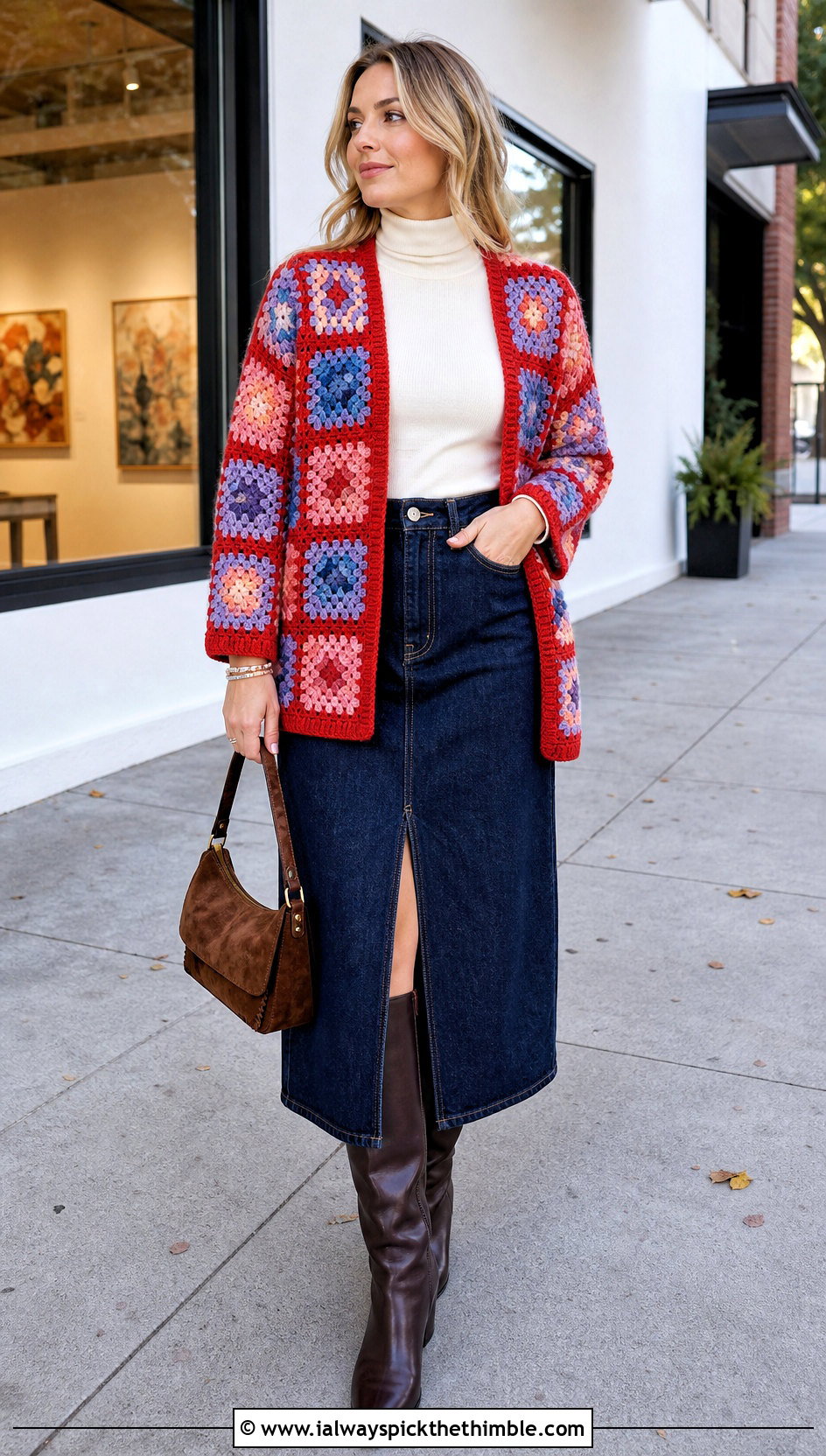 Patchwork Crochet Cardigan With Denim Midi Skirt - 15 Crochet Cardigan Fall Fashion and outfit ideas