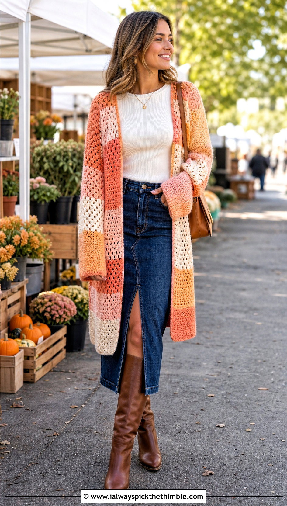 Patchwork Crochet Cardigan With Denim Midi Skirt - 15 Easy Crochet Cardigan For Women outfit ideas
