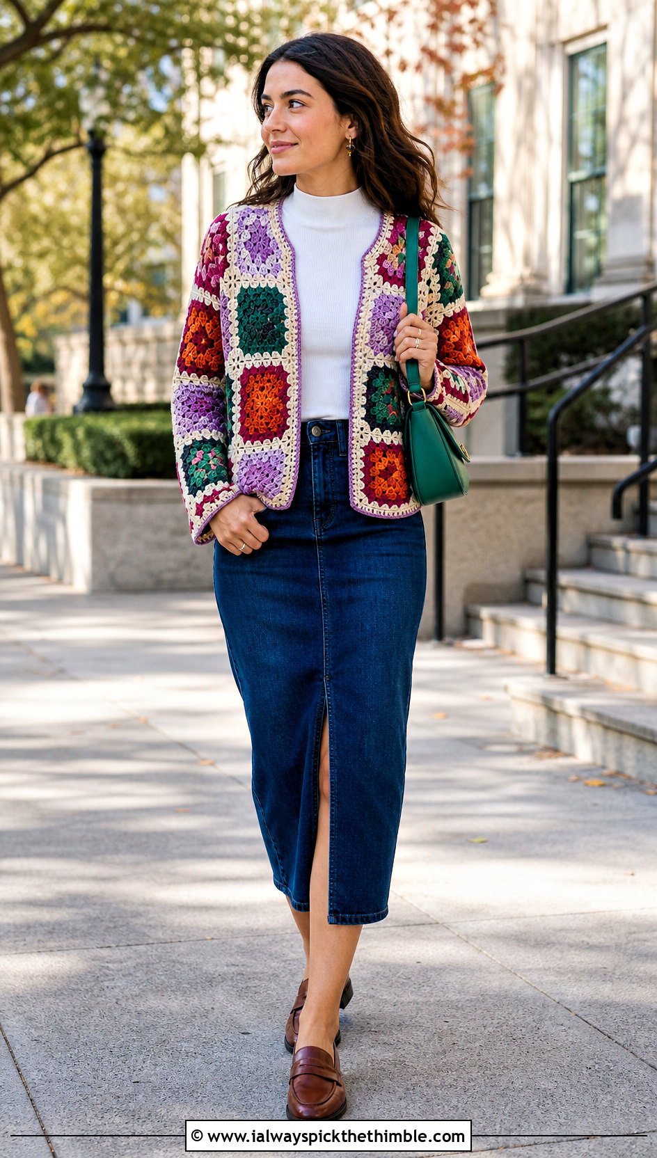 Patchwork Crochet Cardigan With Denim Midi Skirt - 25 crochet long sweater outfit ideas