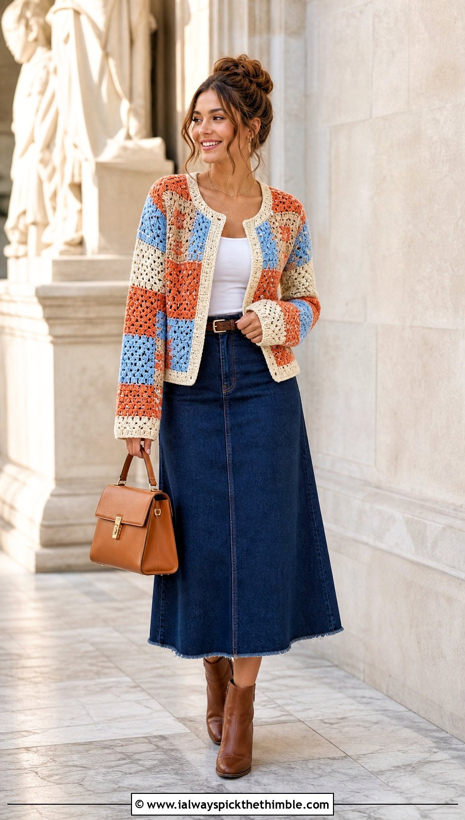 Patchwork Crochet Cardigan With Denim Midi Skirt - 25 cute crochet cardigan outfit ideas