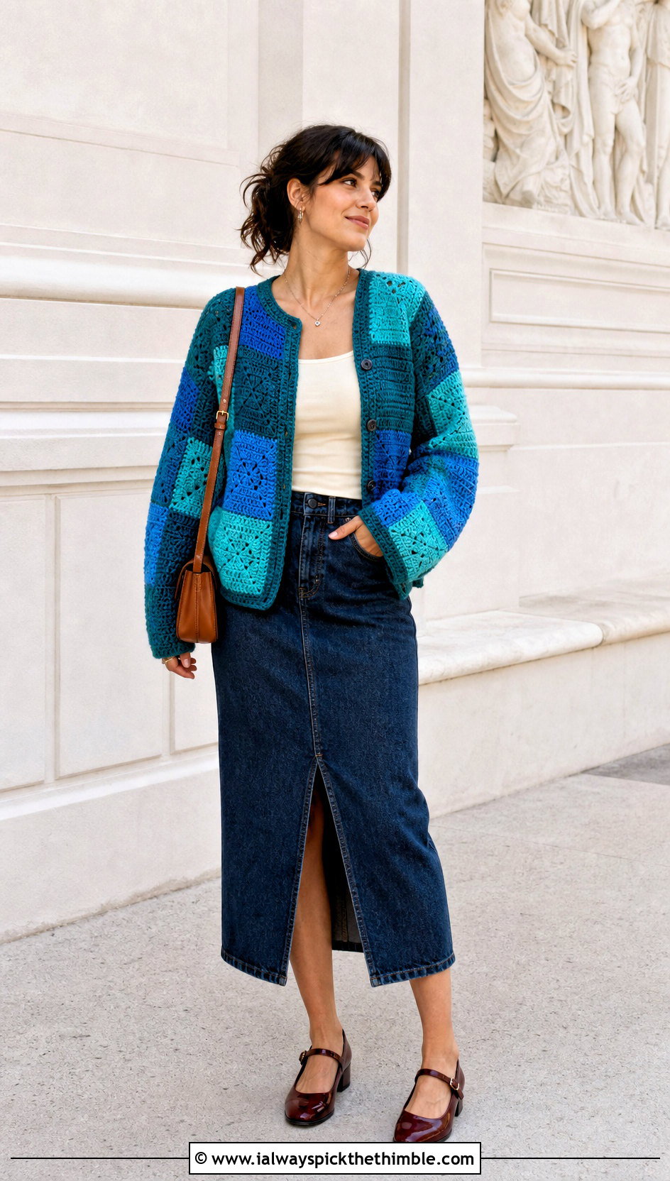 Patchwork Crochet Cardigan With Denim Midi Skirt - 15 Aesthetic Crochet Cardigan outfit ideas