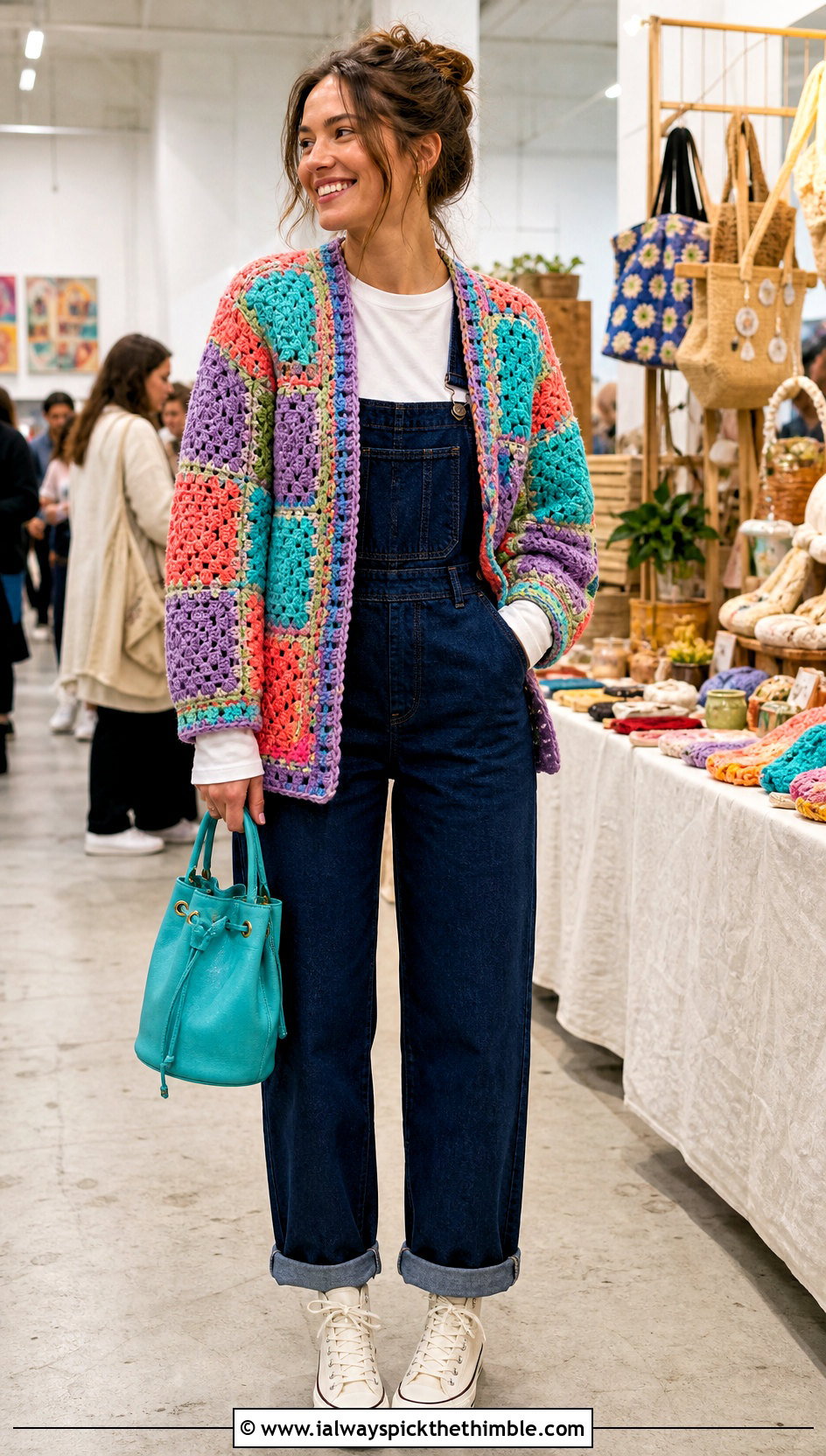 Patchwork Crochet Cardigan With Denim Overalls - 20 Thick Yarn Crochet Cardigan outfit ideas