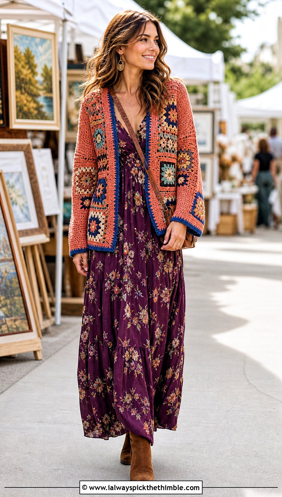 Patchwork Crochet Cardigan With Floral Maxi Dress - 15 crochet cardigan with blue accents outfit ideas