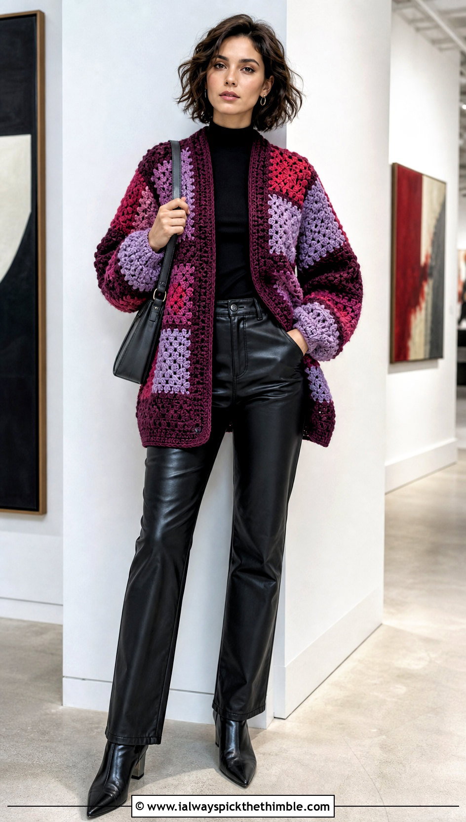 Patchwork Crochet Cardigan With Leather Pants - 15 Crochet Womens Cardigan Sweater outfit ideas