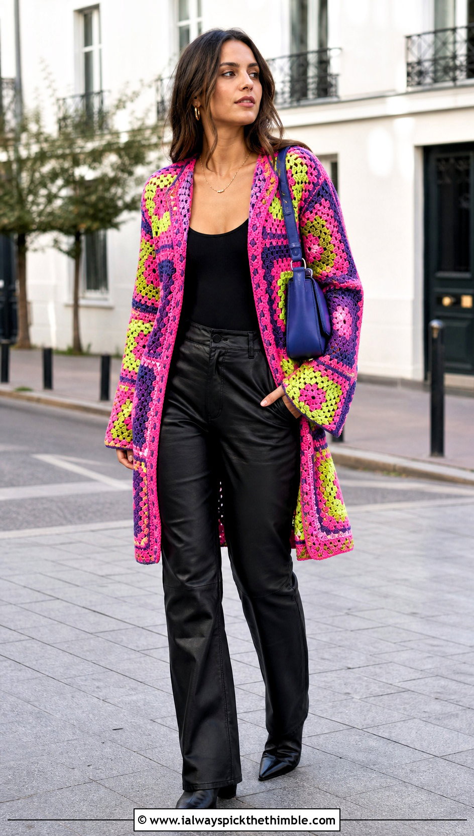 Patchwork Crochet Cardigan With Leather Pants - 25 crocheted cardigan outfit ideas