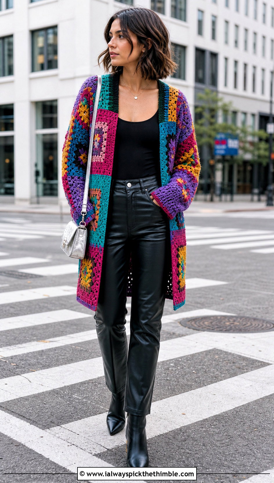 Patchwork Crochet Cardigan With Leather Pants - 25 easy crochet cardigan outfit ideas