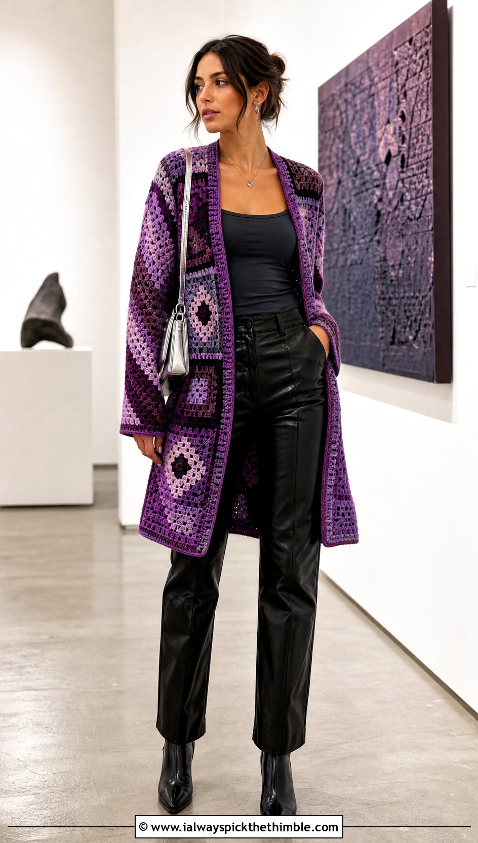 Patchwork Crochet Cardigan With Leather Pants - 25 ladies crochet cardigan outfit ideas