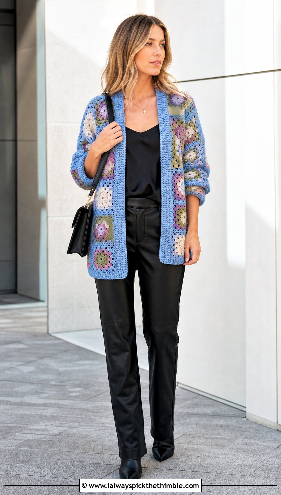 Patchwork Crochet Cardigan With Leather Pants - 15 trendy crochet cardigan outfit ideas
