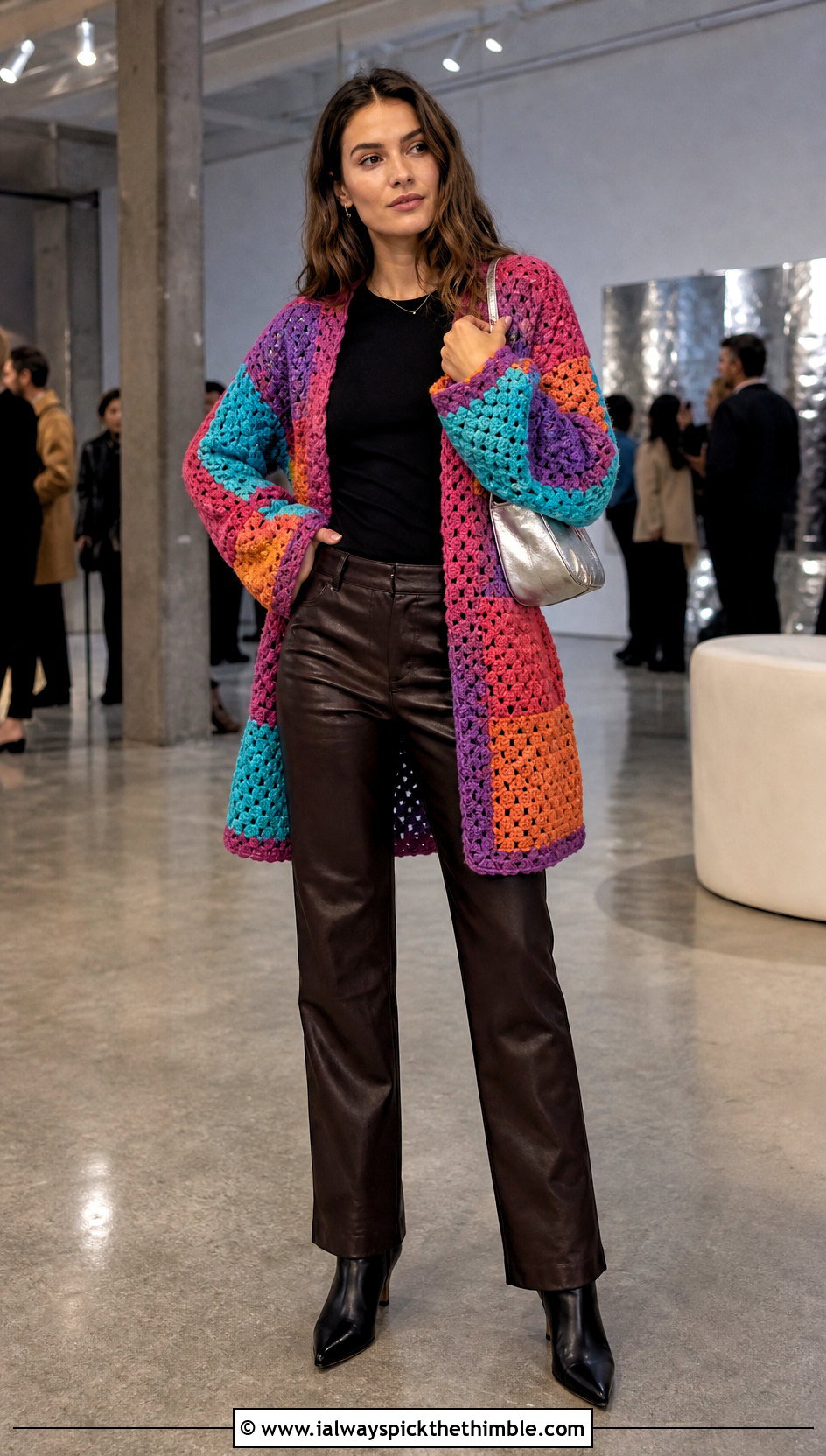 Patchwork Crochet Cardigan With Leather Pants - 20 3 weight yarn crochet cardigan outfit ideas