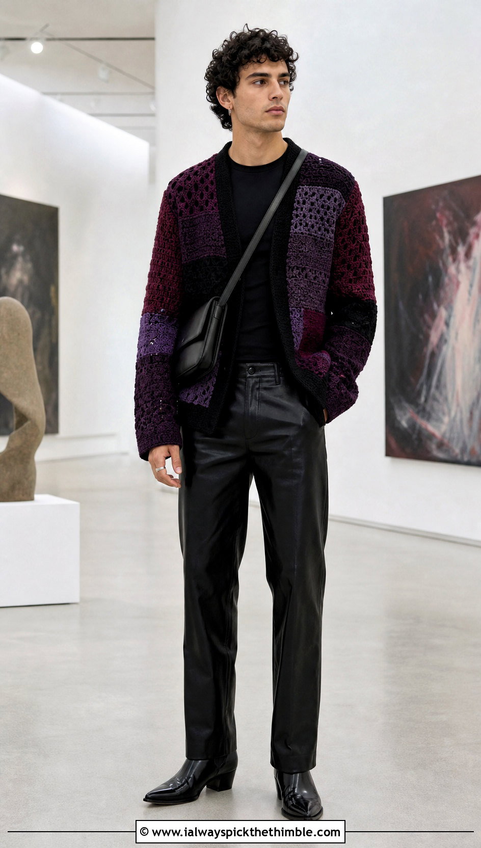 Patchwork Crochet Cardigan With Leather Pants - 20 crochet man cardigan outfit ideas