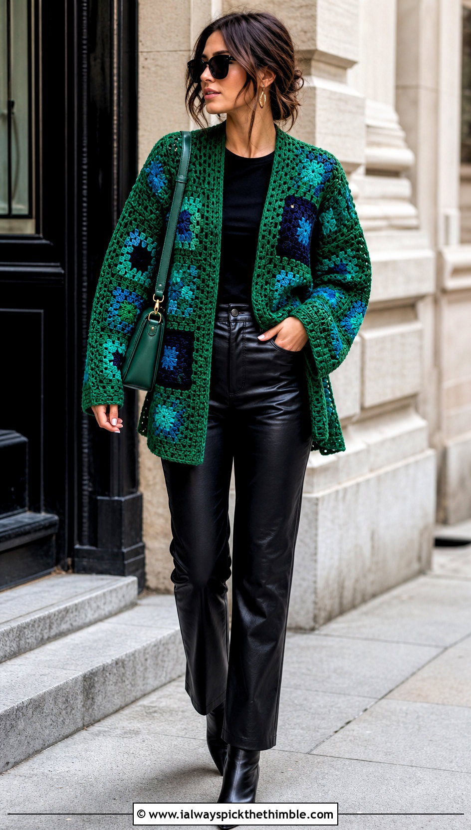 Patchwork Crochet Cardigan With Leather Pants - 20 Simple Crochet Cardigan For Women outfit ideas