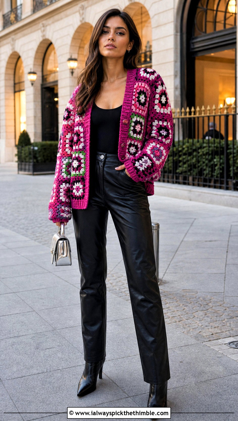 Patchwork Crochet Cardigan With Leather Pants - 25 crochet cardigans for women outfit ideas