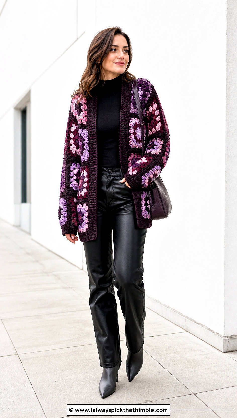 Patchwork Crochet Cardigan With Leather Pants - 15 classic crochet cardigan outfit ideas